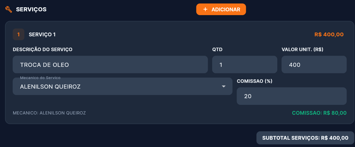 Servicos com comissao automatica